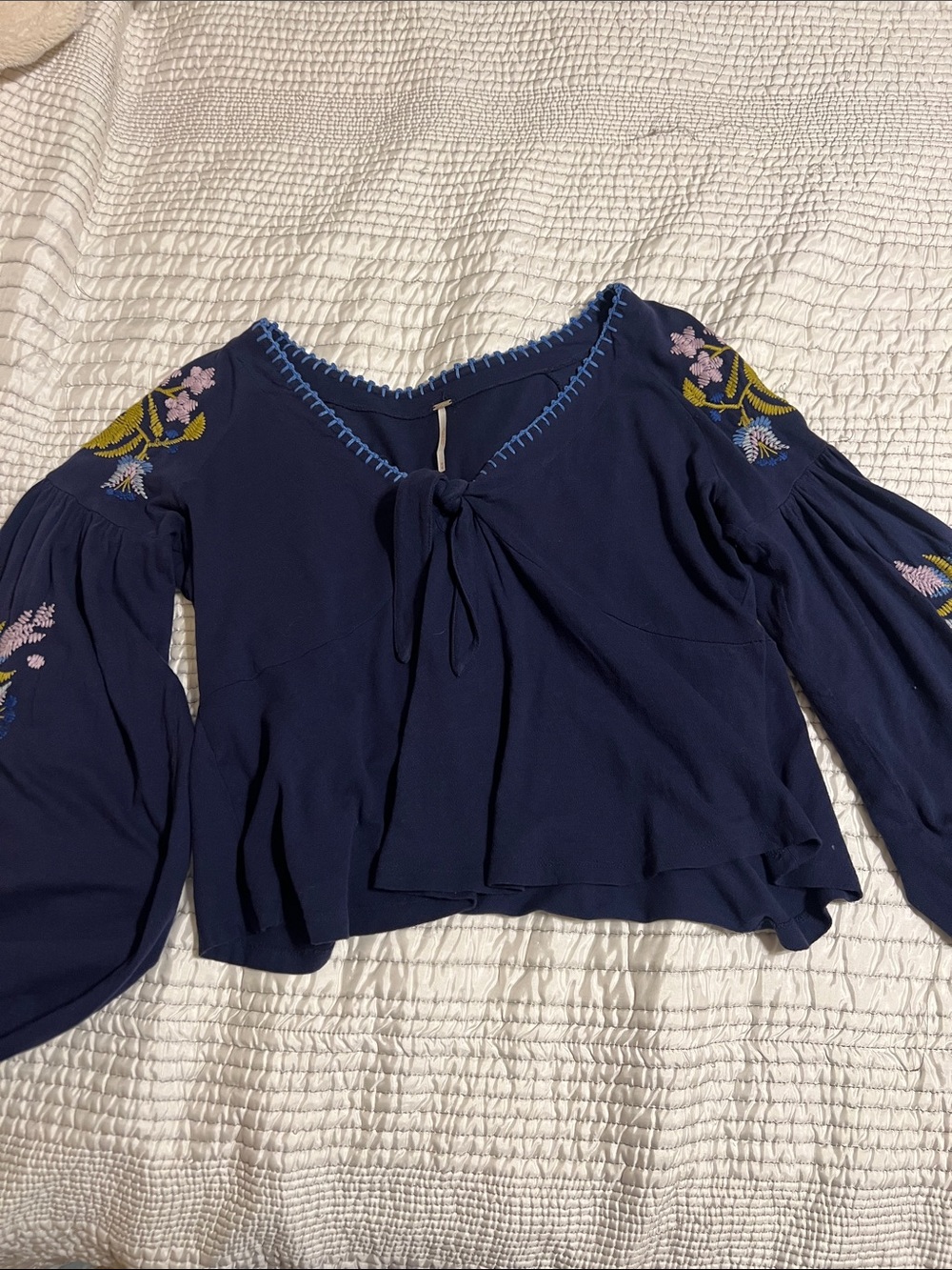 Free people Women's Navy Floral Embroidered Peasant Top